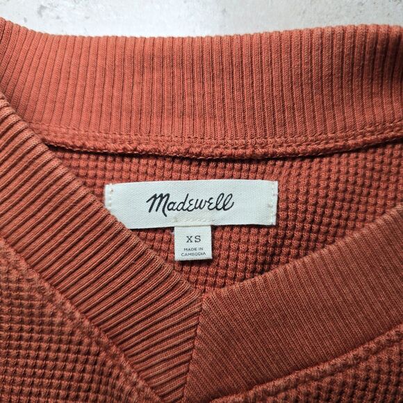 Madewell Women’s XS Orange Waffle Knit V-Neck Long Sleeve Thermal Top Cotton - Picture 3 of 10